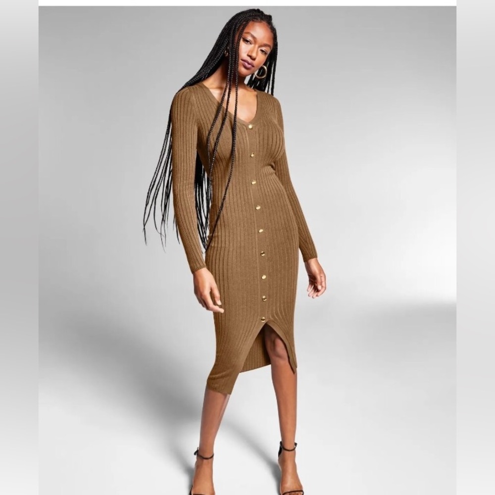 INC Jeannie Mai Slitted Button Detail Long Sleeve V Neck Midi Sweater Dress S
